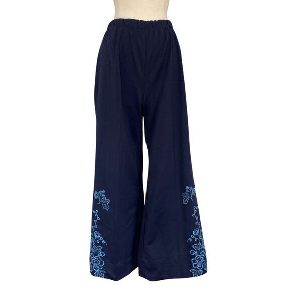 60s 70s Insanely Epic High Waist Wide Leg Flare Floral Embroidered Hippie Pants - Picture 1 of 6